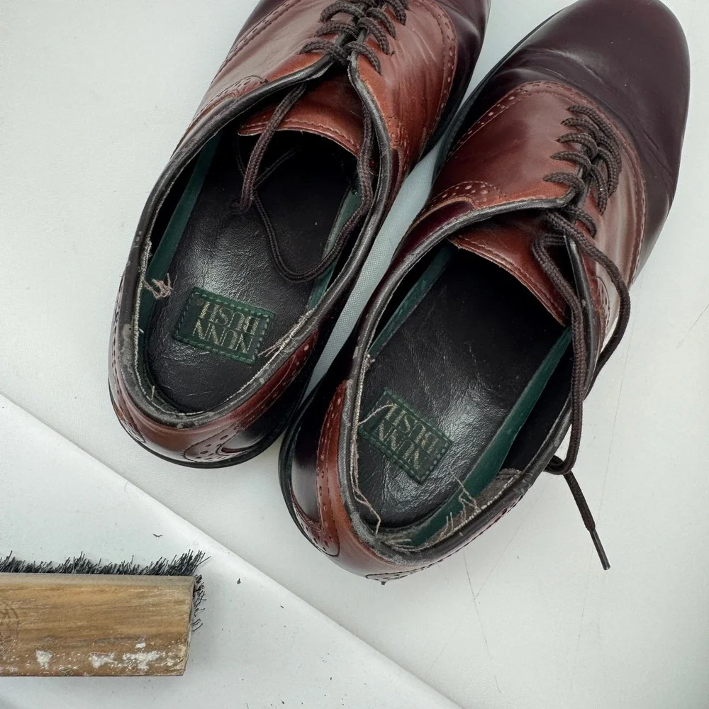 Vintage Nunn Bush Saddle Shoes Men 9.5M Burgundy Brown Leather Brogue Oxford